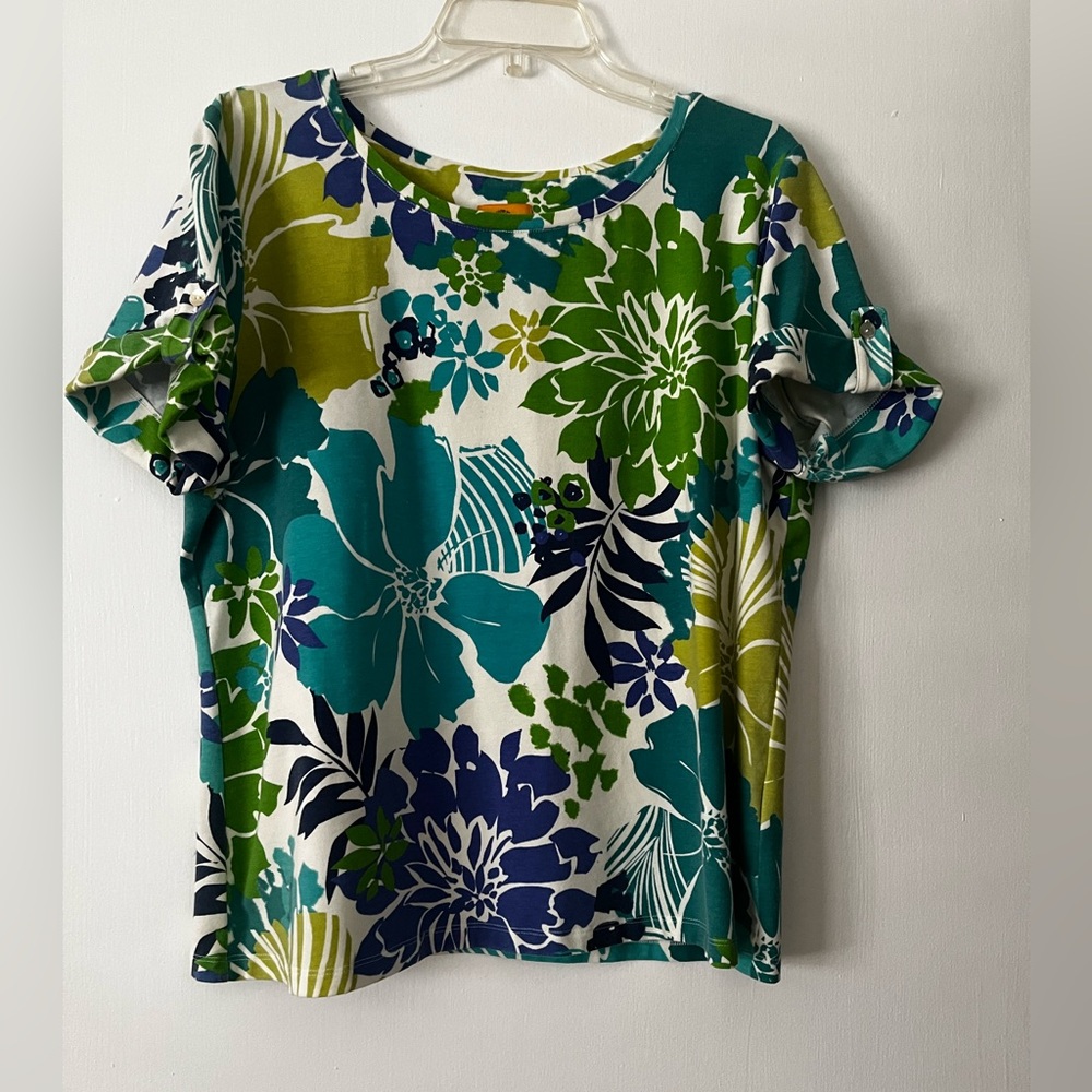 Ruby Rd  Floral Blues and Greens Short Sleeved Cotton Top
